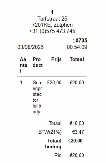 Bovenste deel van een bon uit Copper: de productnaam Screenprotector fullbody staat afgebroken in stukjes van een paar letters onder elkaar