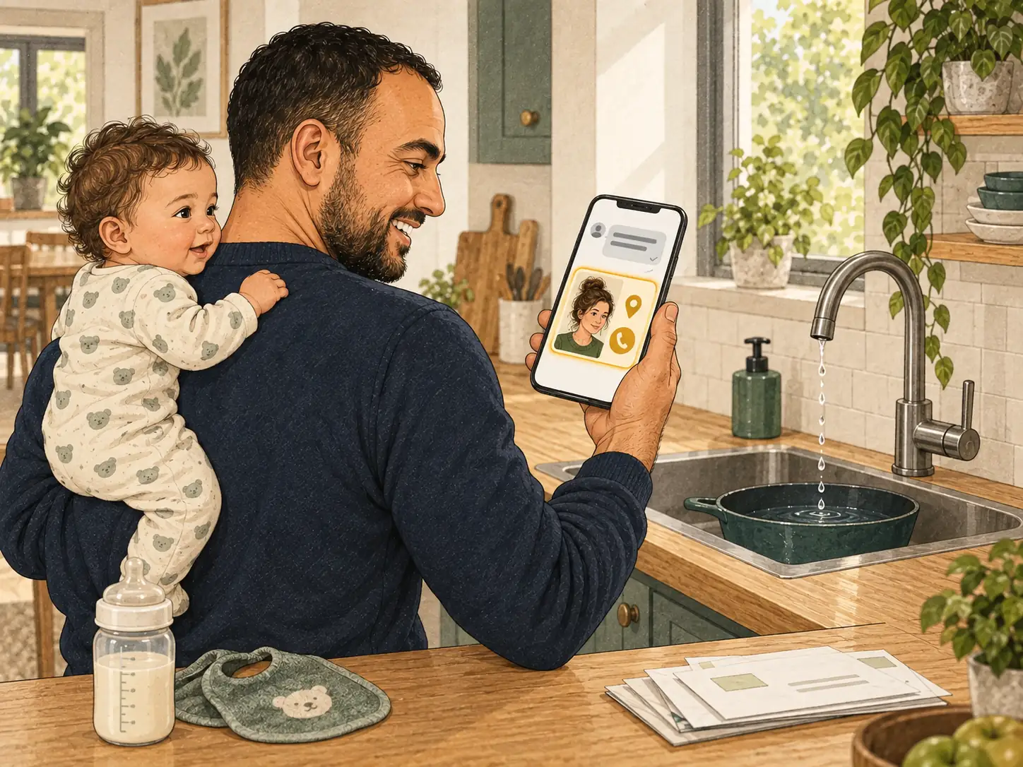 Getekende vader met een baby op de arm die een AI-assistent om een installateur vraagt en in het antwoord het kaartje van de vakvrouw ziet