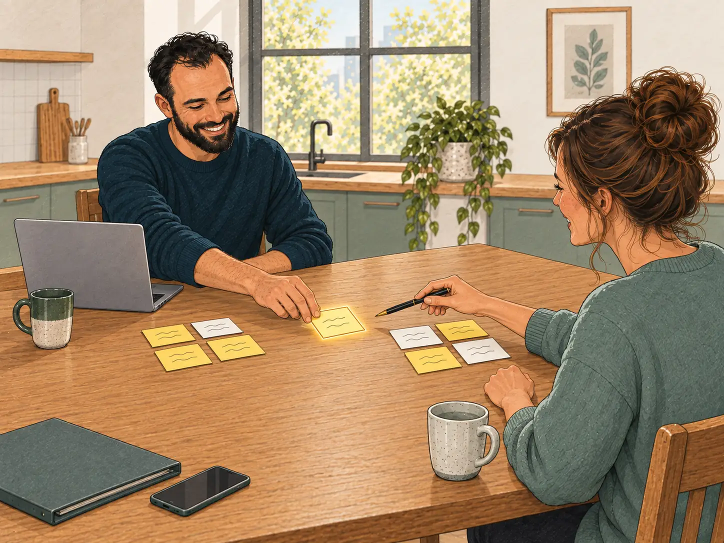 Getekende Ares en de vakvrouw tegenover elkaar aan tafel die plakbriefjes met zoekwoorden sorteren