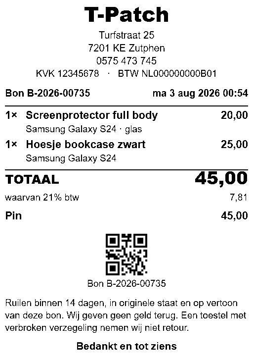 Voorbeeld van de nieuwe bon van T-Patch: per regel het product en het toestel, het totaal groot, de btw en een QR-code met het bonnummer
