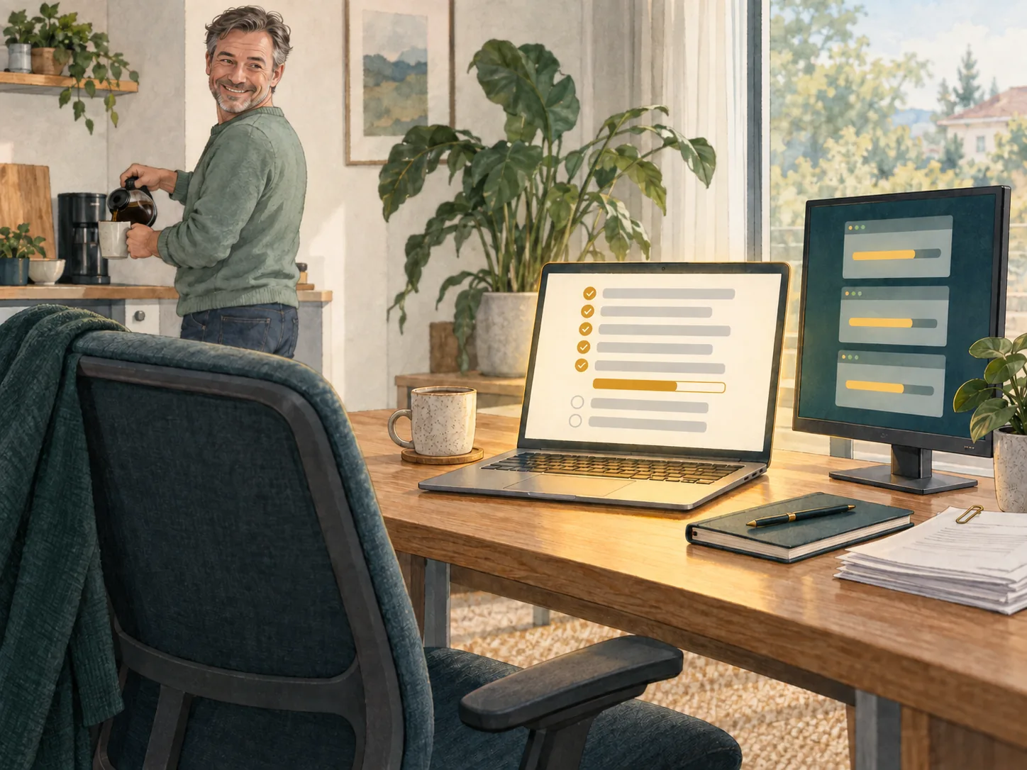 Getekende man die koffie inschenkt terwijl op zijn laptop een takenlijst zichzelf afvinkt