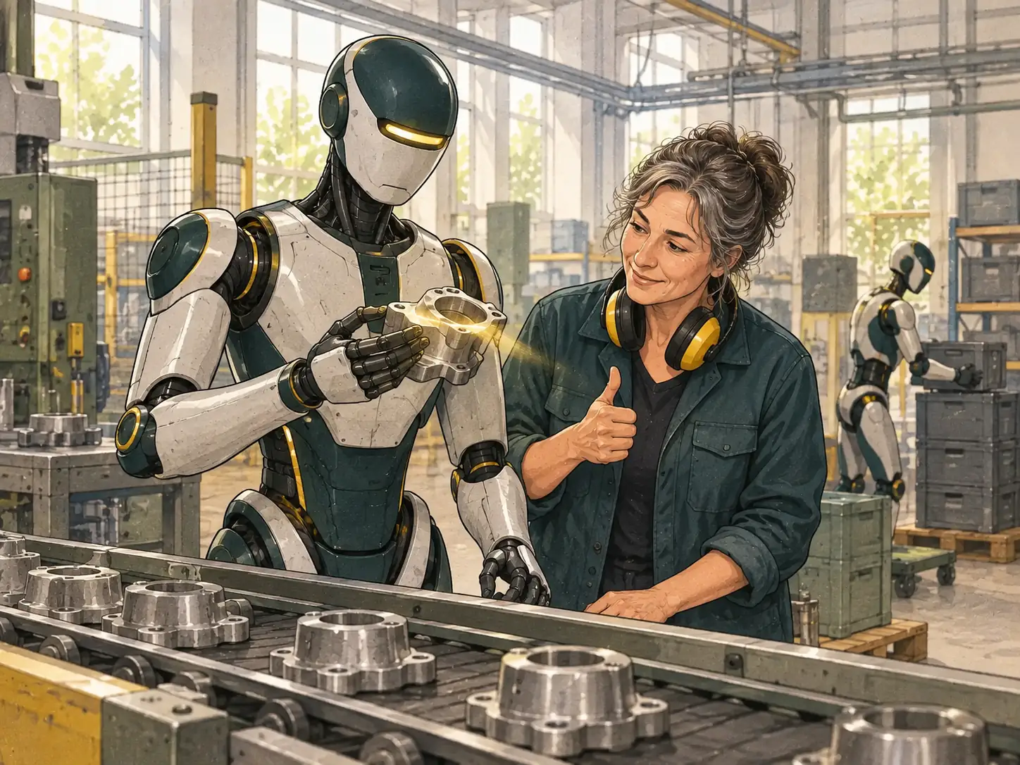 Getekende monteur die aan een lopende band naast een mensachtige robot werkt
