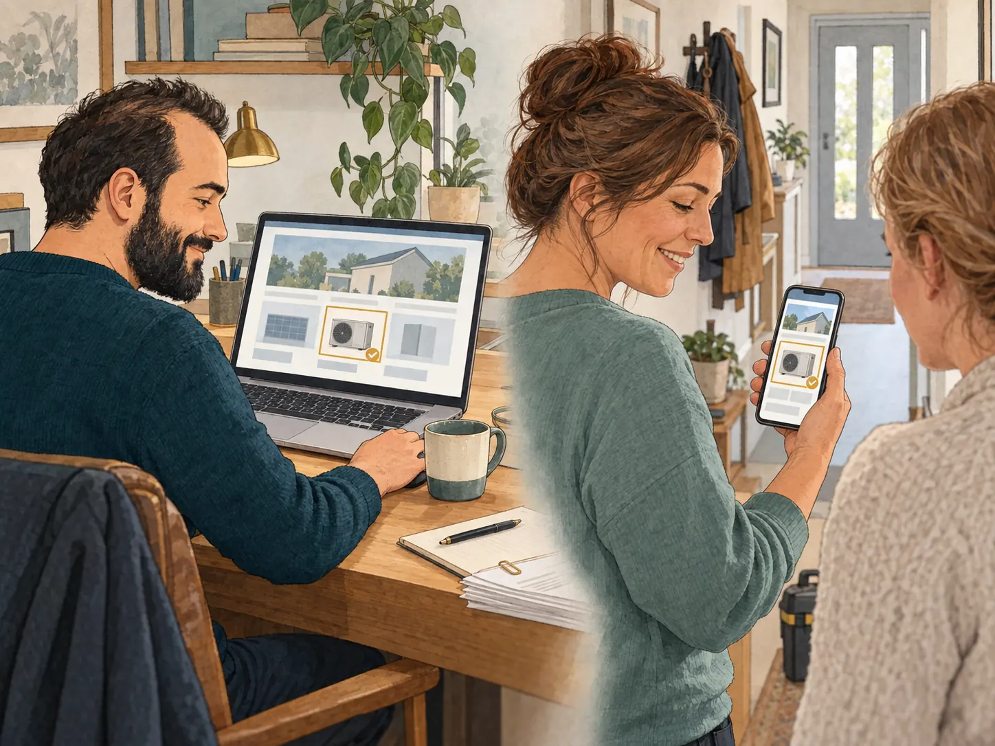 Getekende Ares die een nieuwe foto op de site van de vakvrouw zet, en de vakvrouw die bij een klant op haar telefoon ziet dat het erop staat