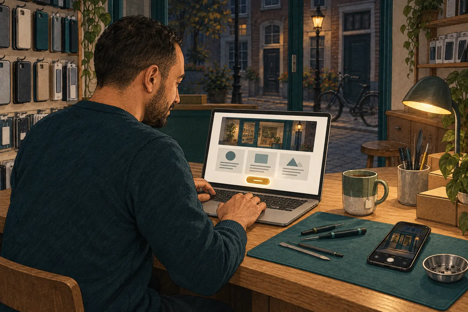 Getekende Ares die na sluitingstijd achter de toonbank van de telefoonwinkel de eerste website bouwt