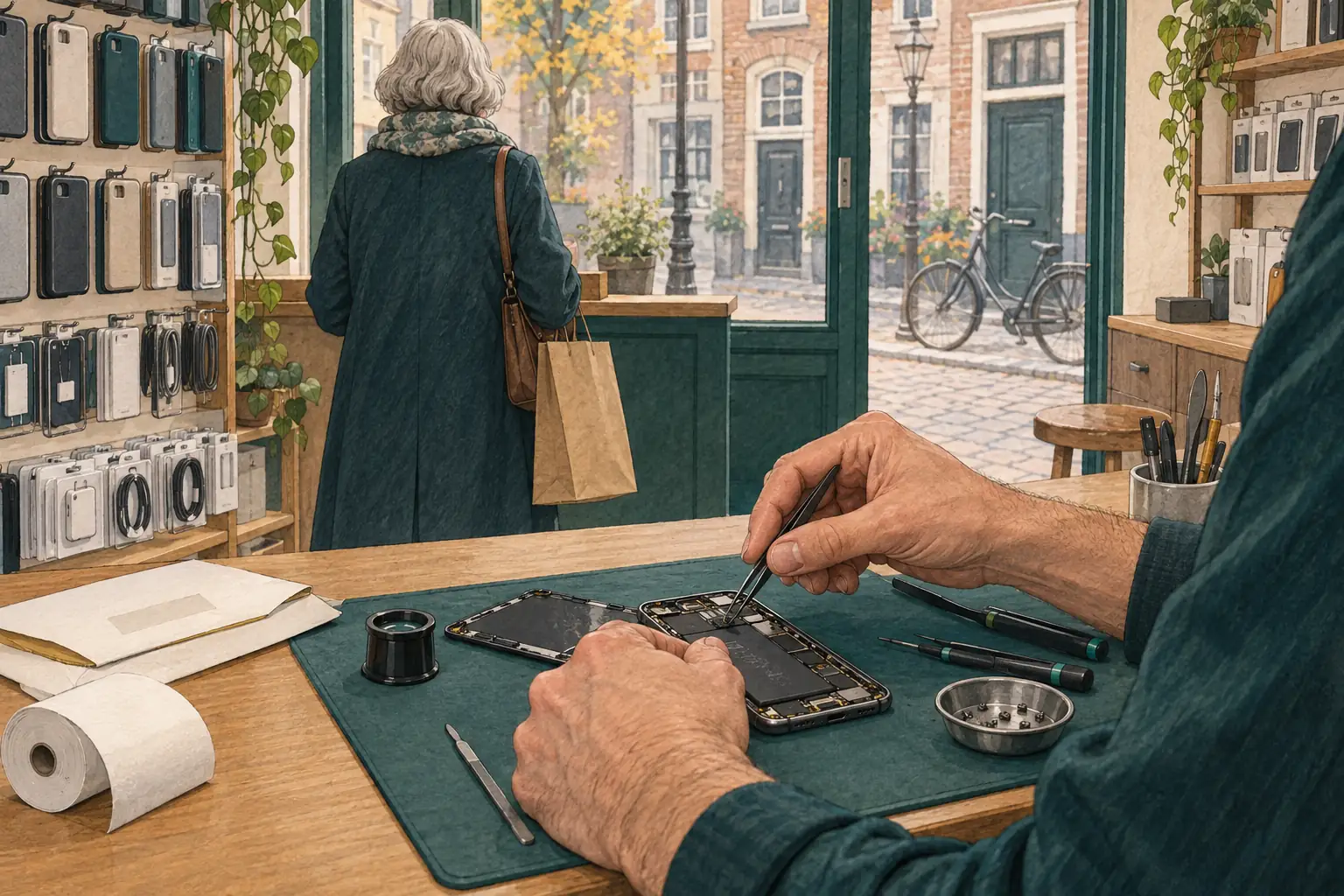 Getekende telefoonwinkel van binnen, vanaf de toonbank gezien, waar een paar handen een telefoon repareren terwijl een klant wacht