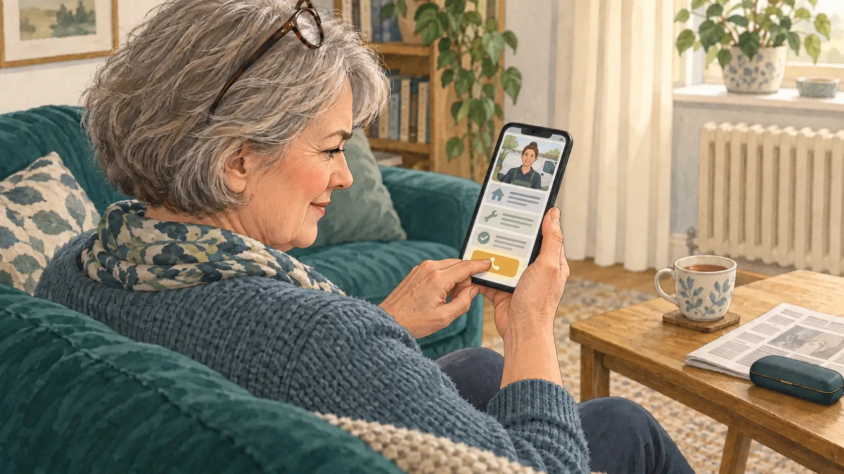 Dezelfde vrouw op de bank die nu glimlachend op de gouden belknop van een heldere, vernieuwde site drukt