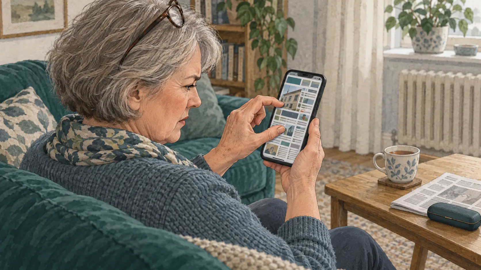 Getekende vrouw op de bank die op haar telefoon inzoomt op een verouderde, rommelige website en fronst